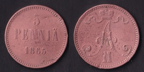 Moneta finlandia penny 1865 - finlandia, 5